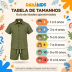 Menino usando conjunto infantil linho camisa e short - tamanhos - Dakakids