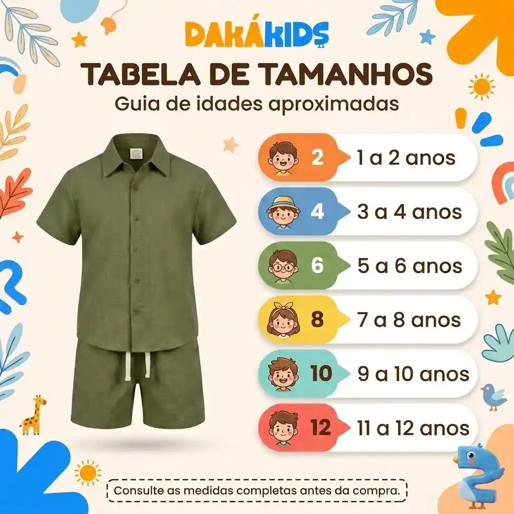 Menino usando conjunto infantil linho camisa e short - tamanhos - Dakakids