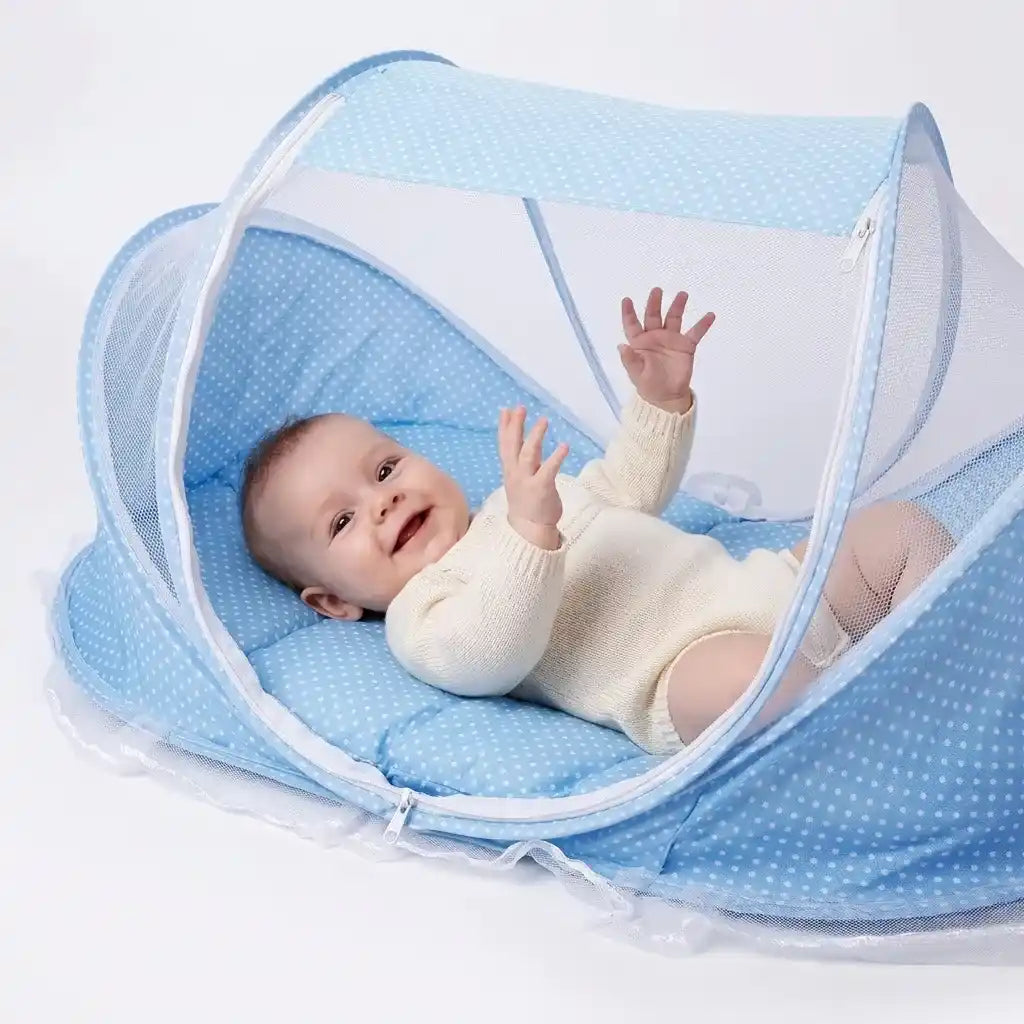 mini berço portátil com mosqueteiro para bebê dormir protegido - Dakakids - azul
