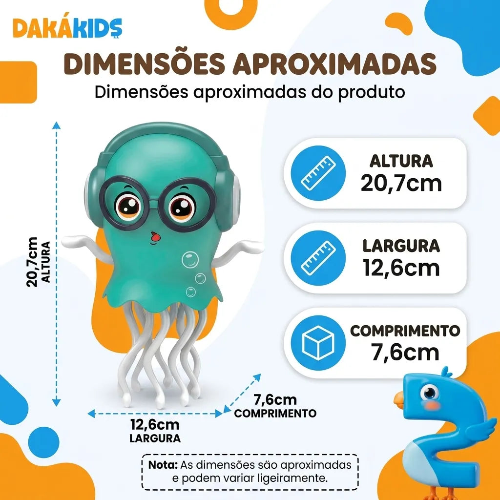 polvo dançante musical com luz led para criança - dimensões Dakakids