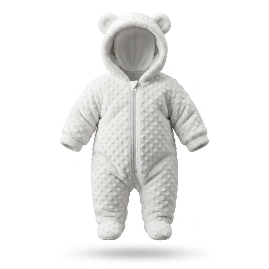 Macacão ursinho bebê soft com capuz branco