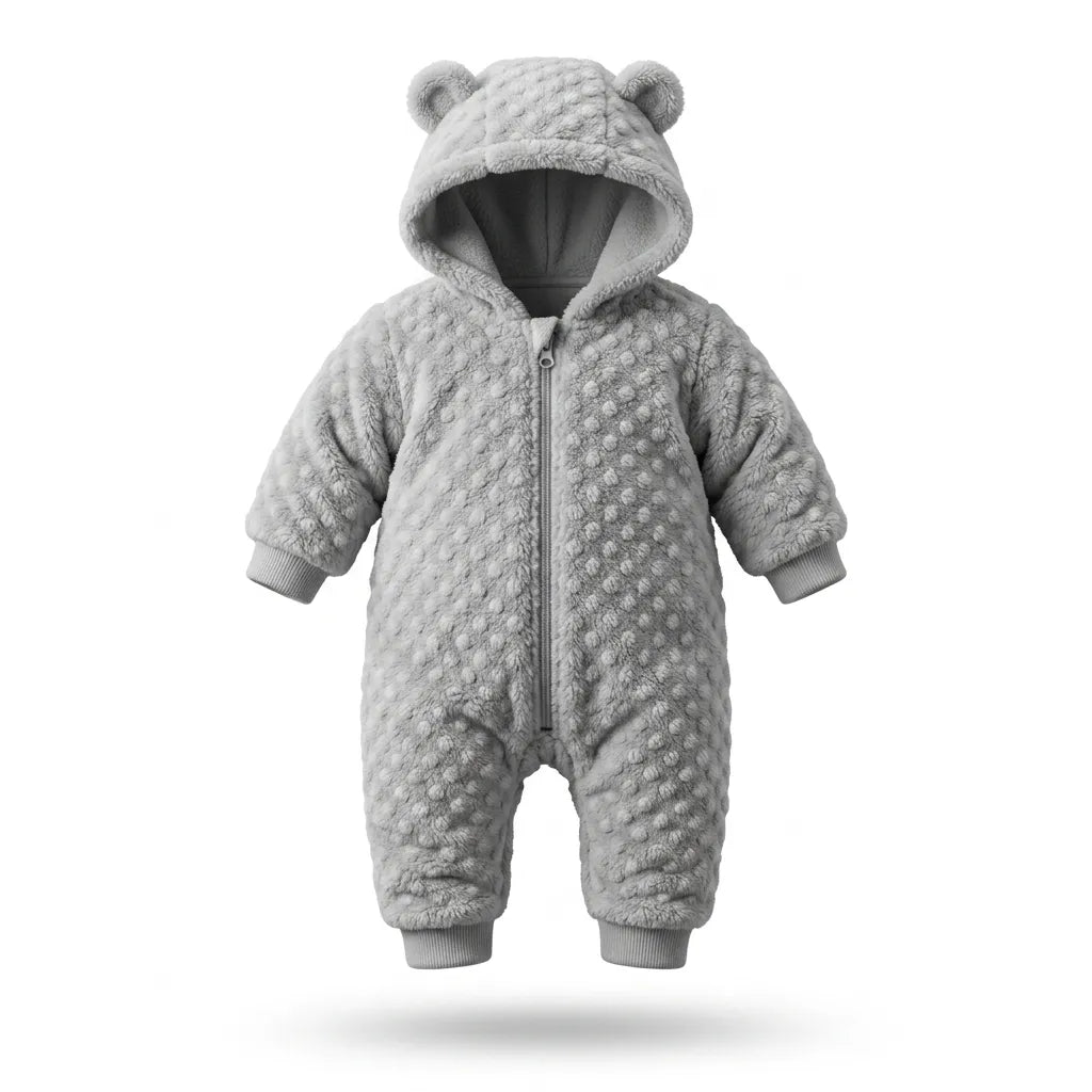 Macacão ursinho bebê soft com capuz cinza