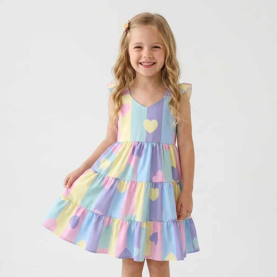 Menina usando vestido infantil estampado coração rodado - colorido - Dakakids
