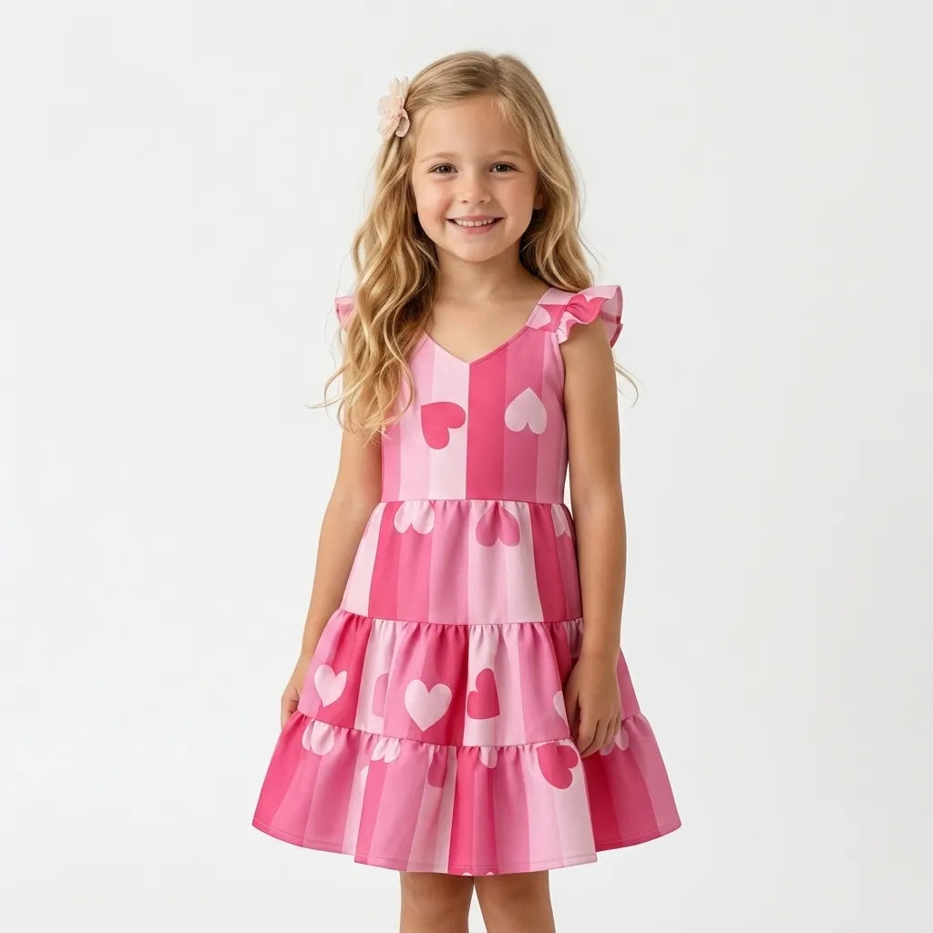 Menina usando vestido infantil estampado coração rodado - rosa - Dakakids